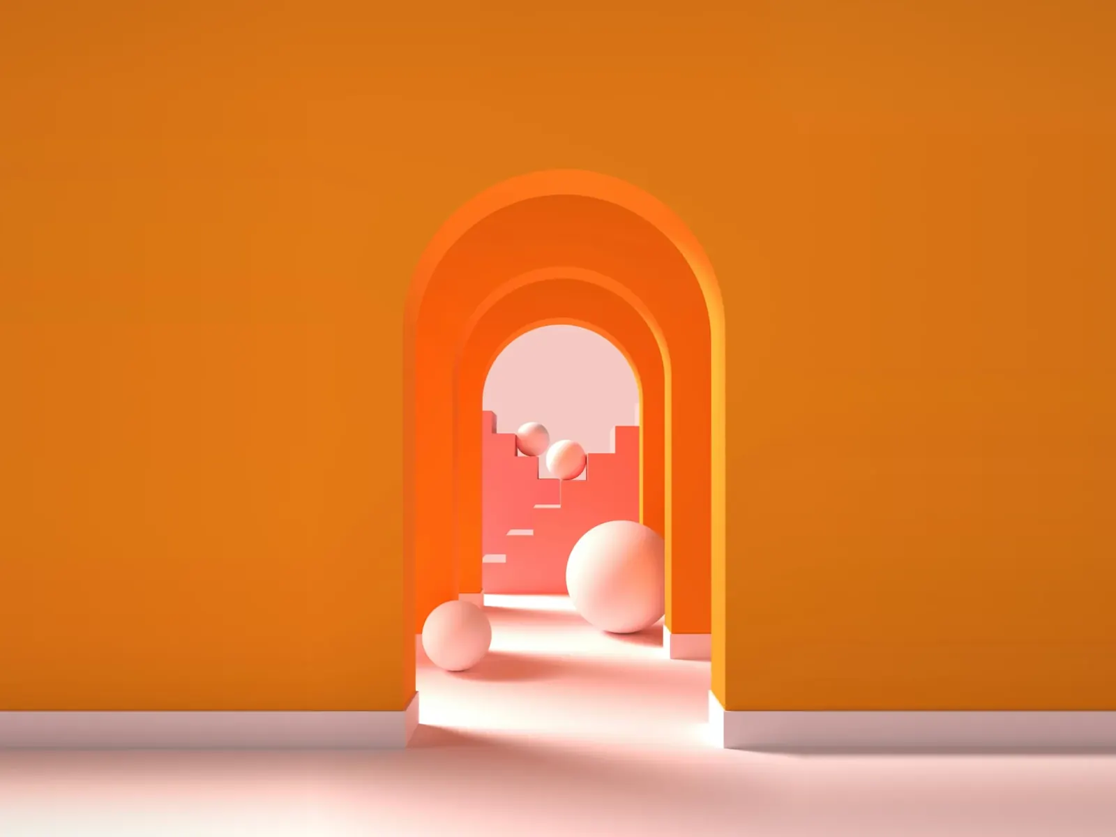 Orange archways opening onto a pale corridor with soft spheres