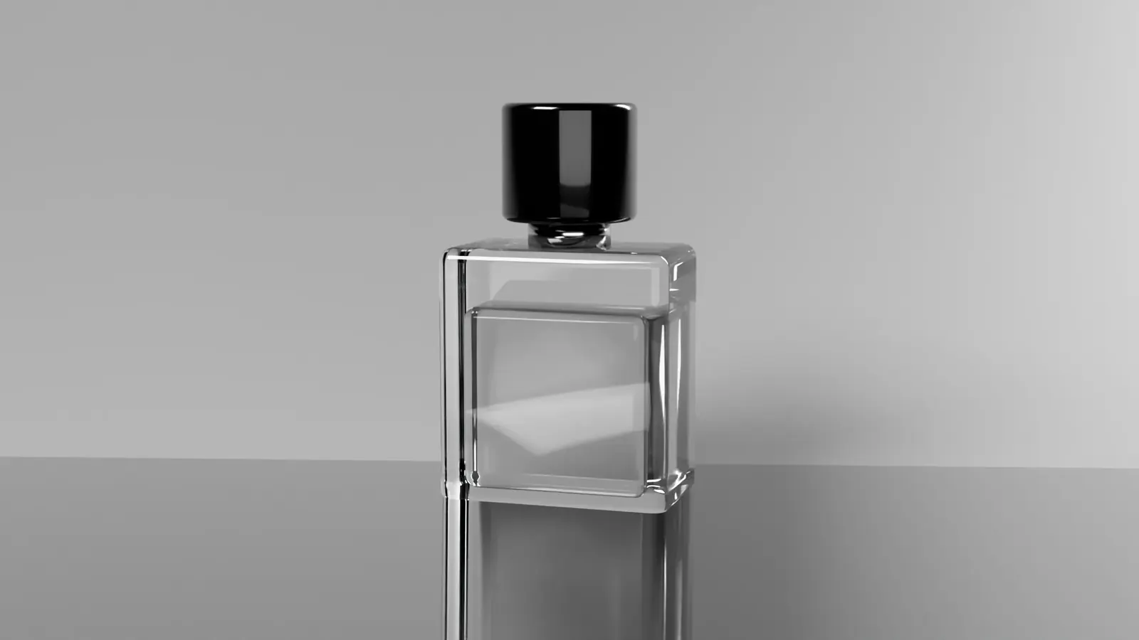 A Bloom Hours glass perfume bottle on a glossy black floor