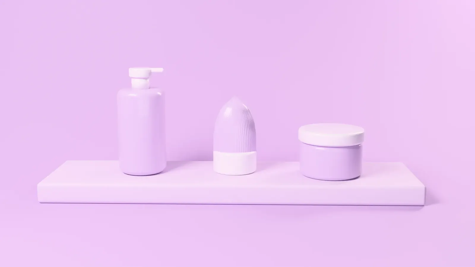 The Cloudline range on a long lilac plinth: pump bottle, tube and jar