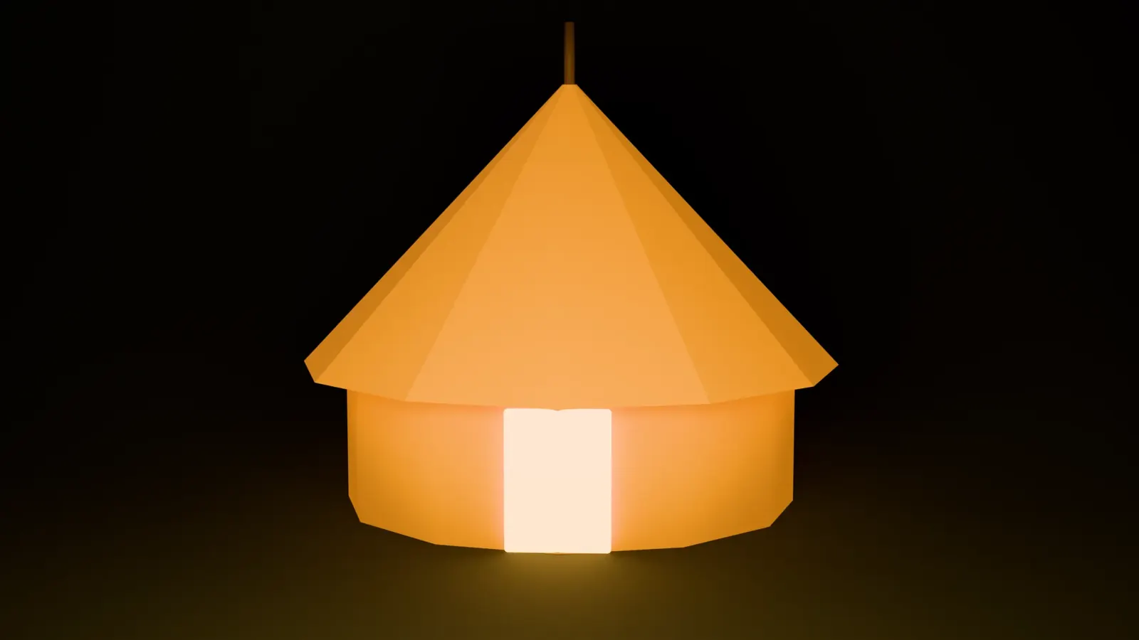 A canvas bell tent glowing warm against a dark night set