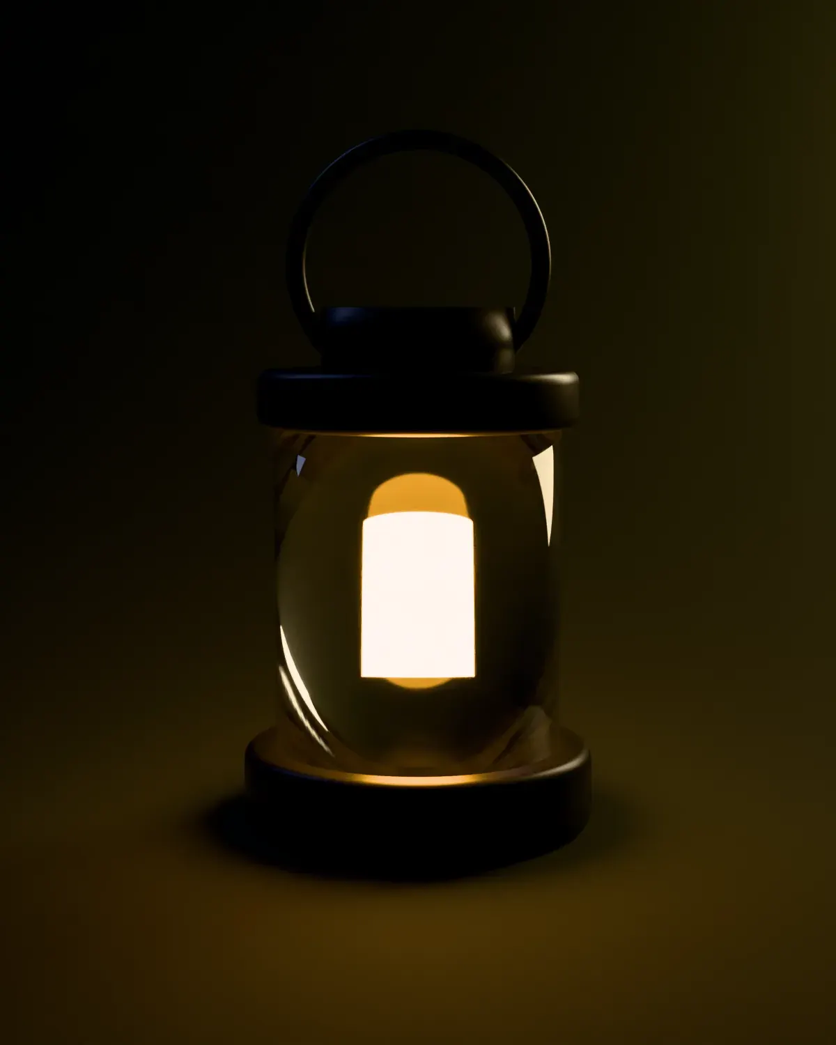 A camping lantern with a warm flame on a dark green set