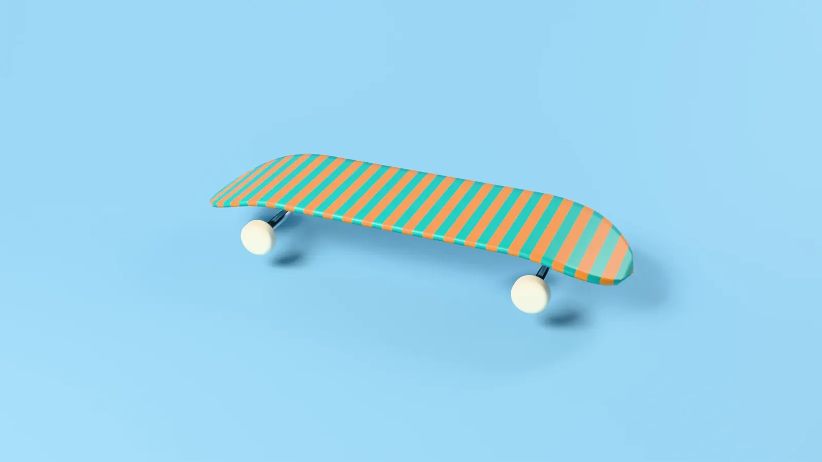 A Kickflip deck flipped graphic-side up, wheels in the air, on a sky-blue set