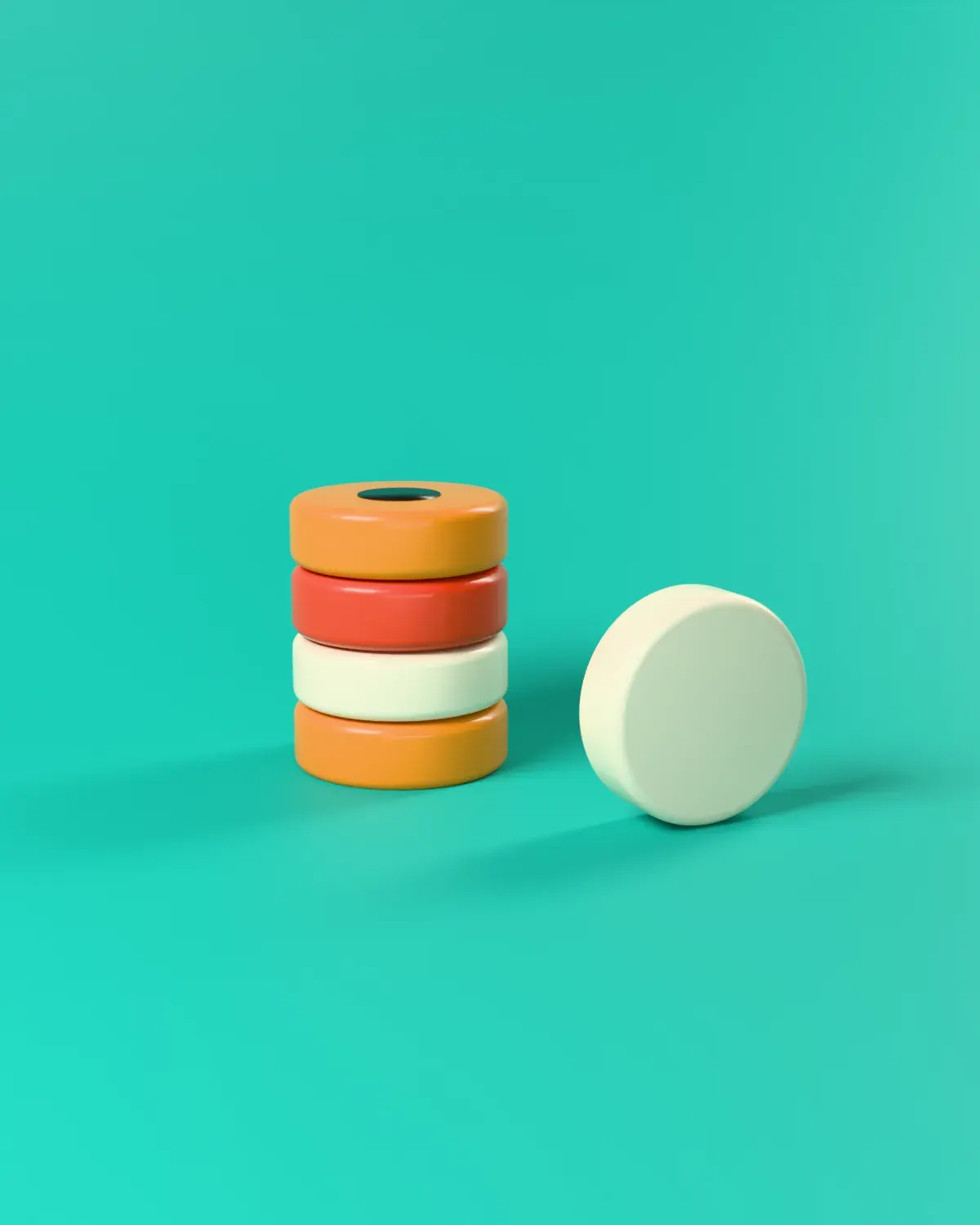 A stack of urethane skate wheels with one rolling away, on teal
