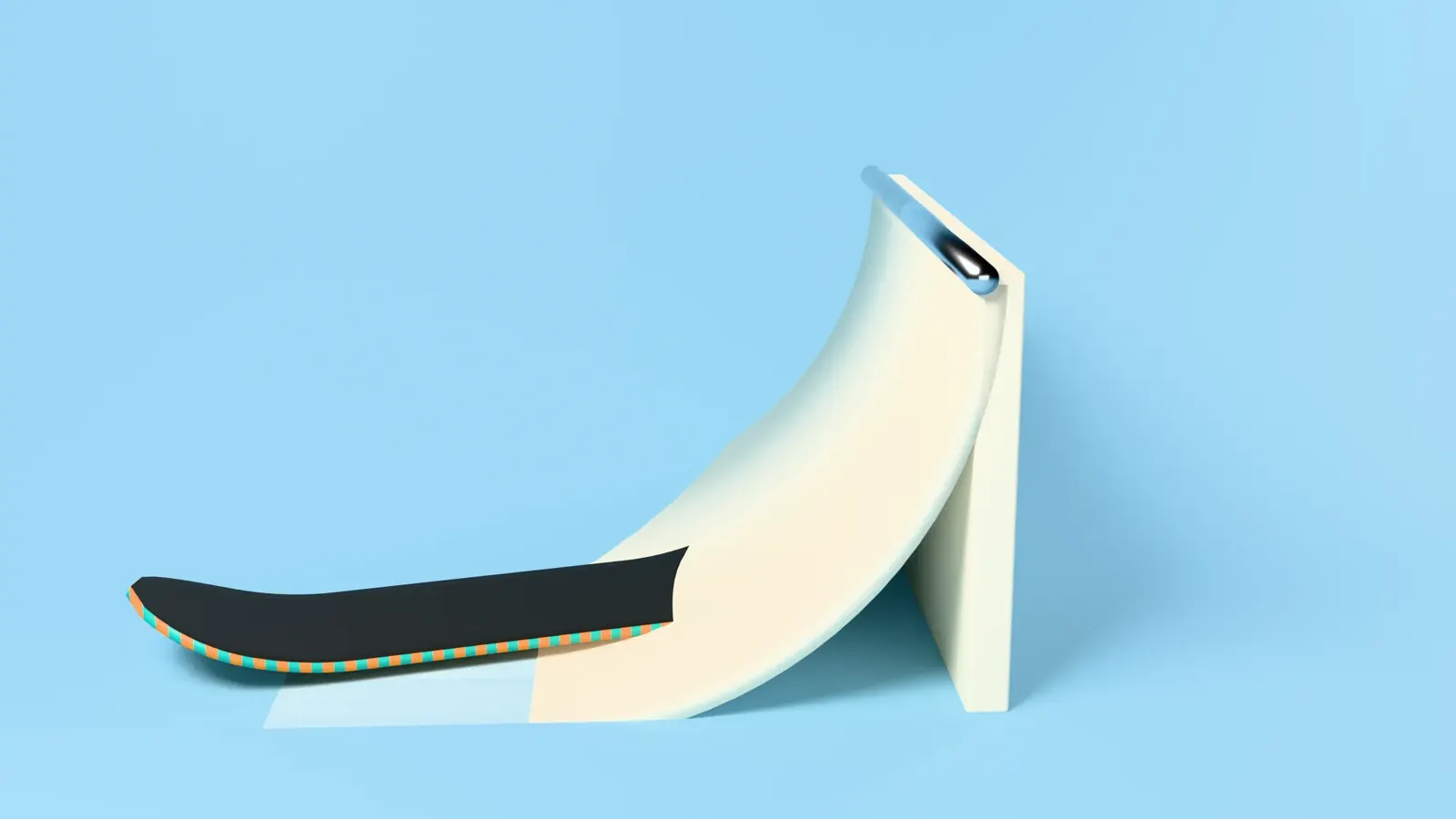 A Kickflip deck resting on the coping of a mini ramp