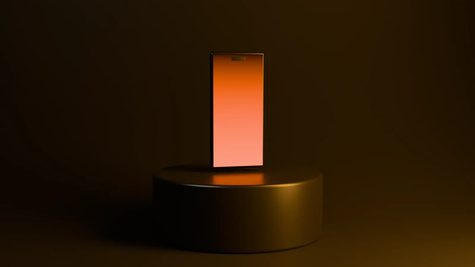 A Lumen phone on a black pedestal, its screen glowing orange