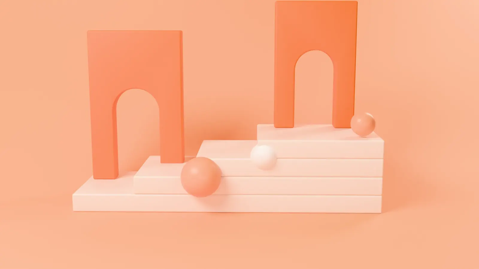 Orange arches and soft spheres on pale stepped platforms